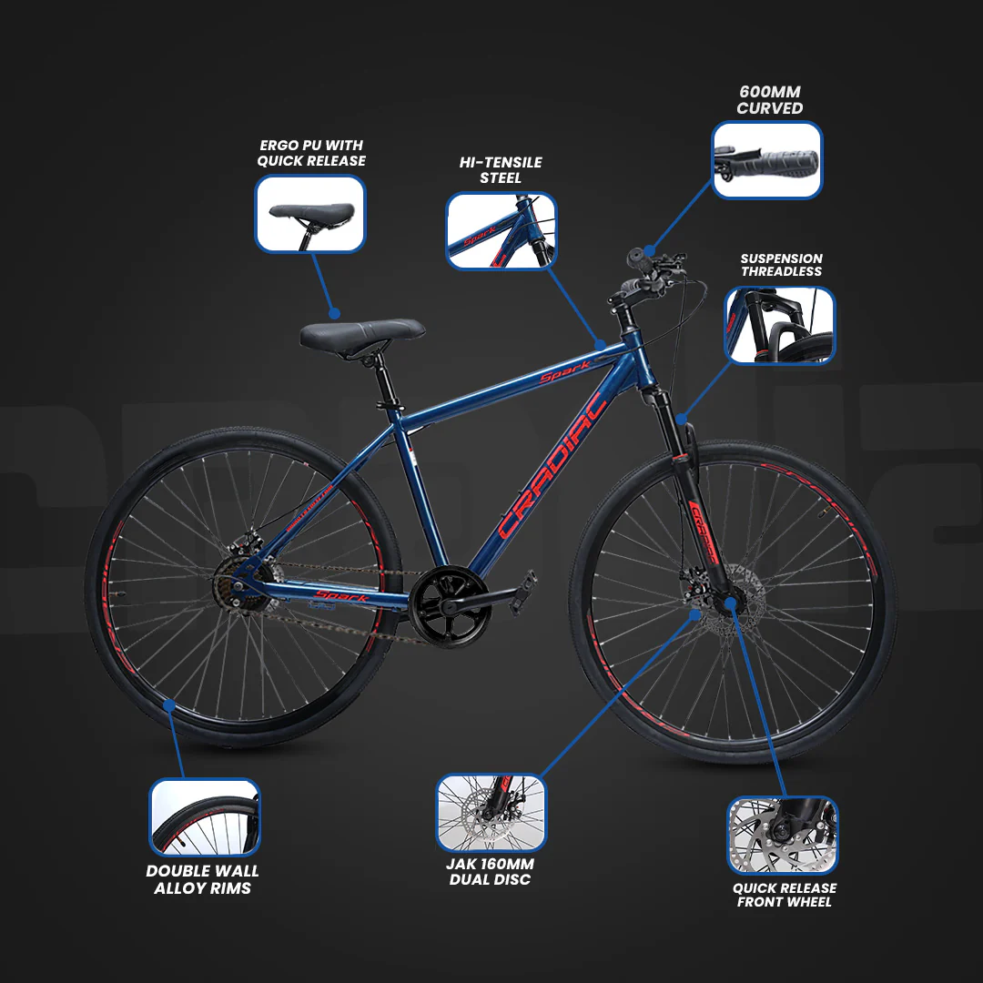 CRADIAC Spark Single Speed | 18.5 INCH HI-TENSILE Steel Frame | 700C T Hybrid Bike | Front Suspension | Dual DISC | Unisex - Image 3